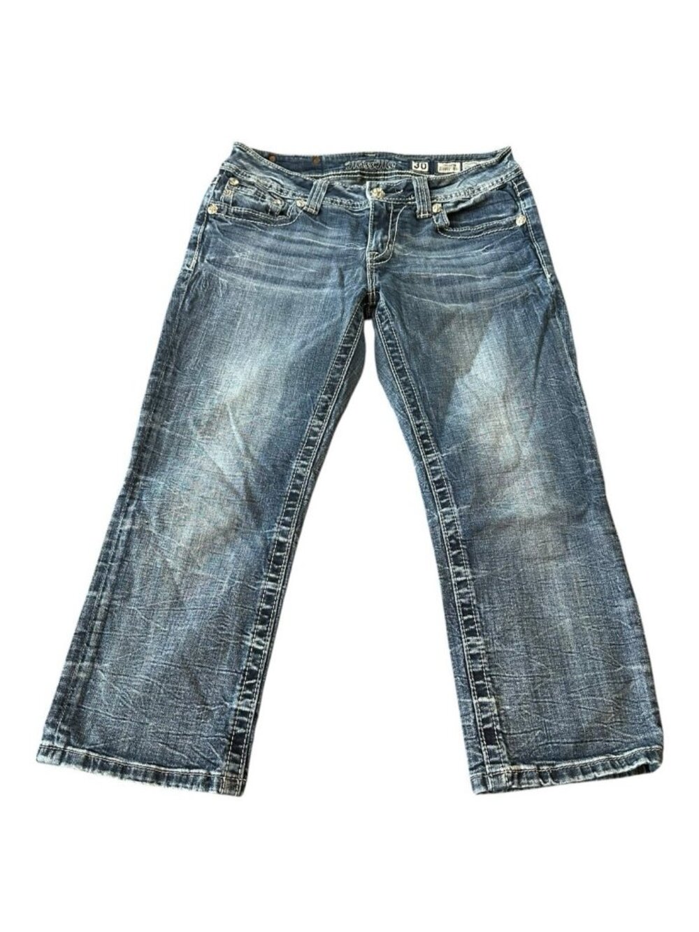 Y2K Miss Me Capri Jeans Womens 30 Rhinestone Embellished Streetwear Indie Sleaze